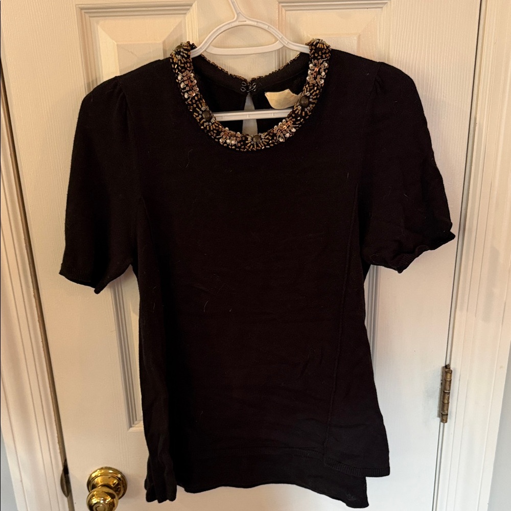 Anthropologie Black Short Sleeve Top with Beaded Collar